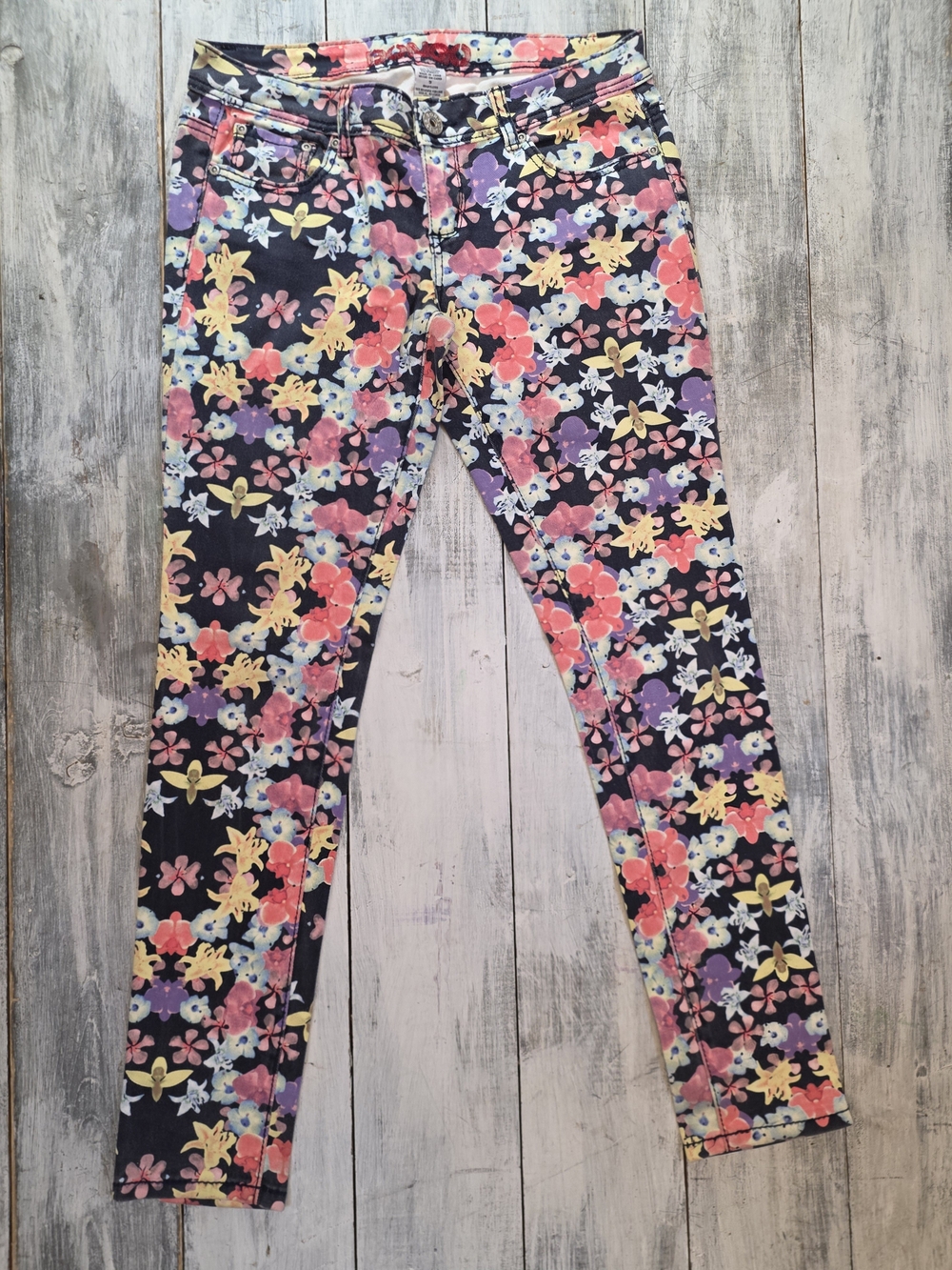BONGO Women's Navy Floral Skinny Jeans with Multicolor Blooms sz 5